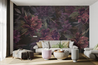 Romantic dark flower mural with intricate floral details
