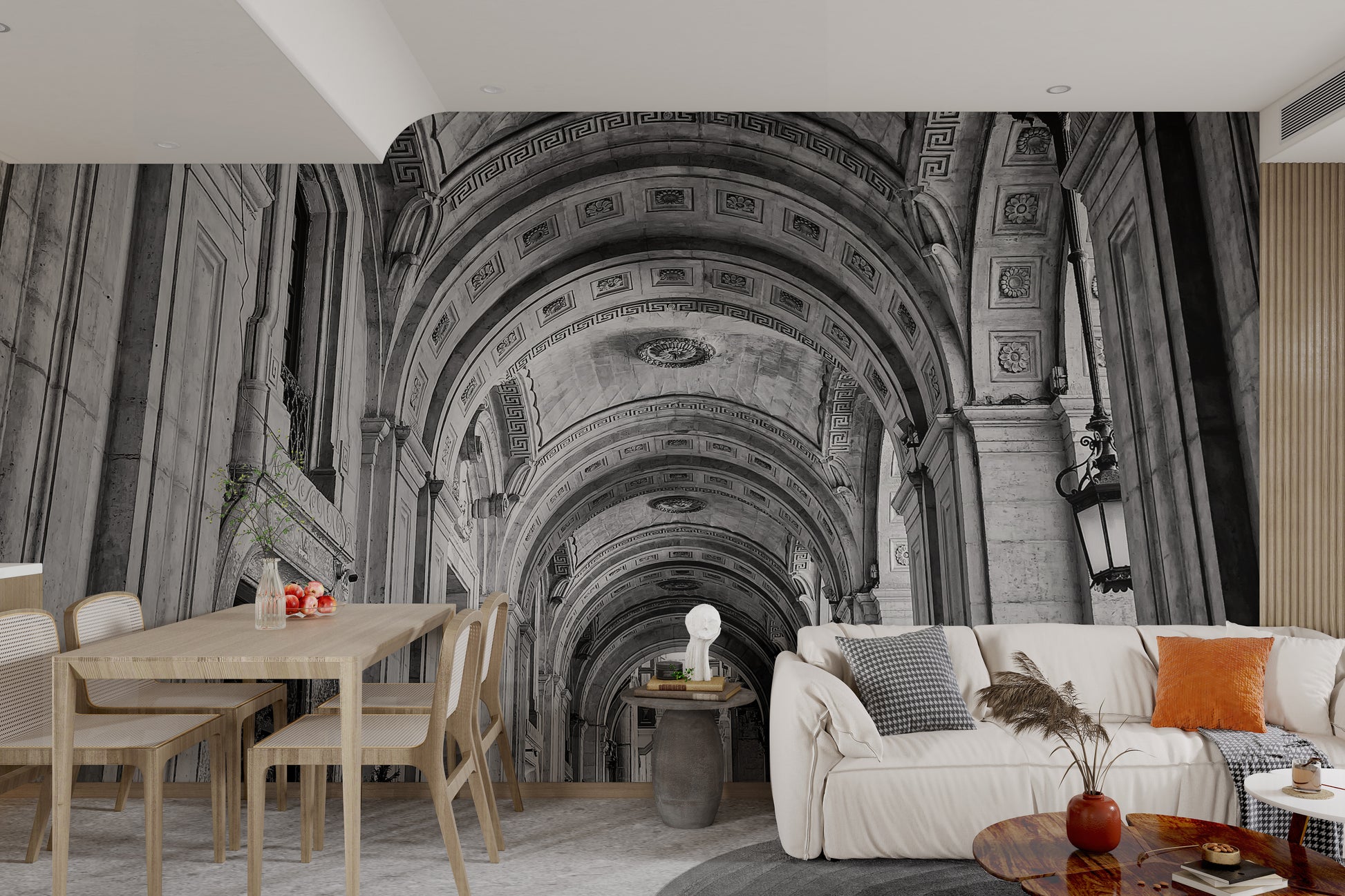 Vintage black and white archway mural
