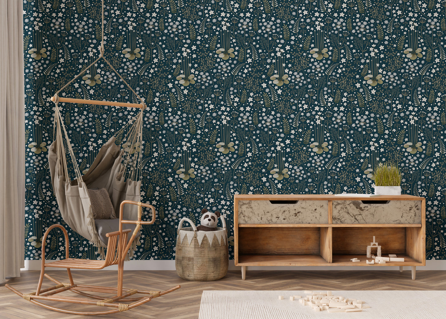 Floral Dark Blue Background Leaves Removable Wallpaper