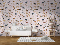 Dog breed pattern on charming pale pink wallpaper
