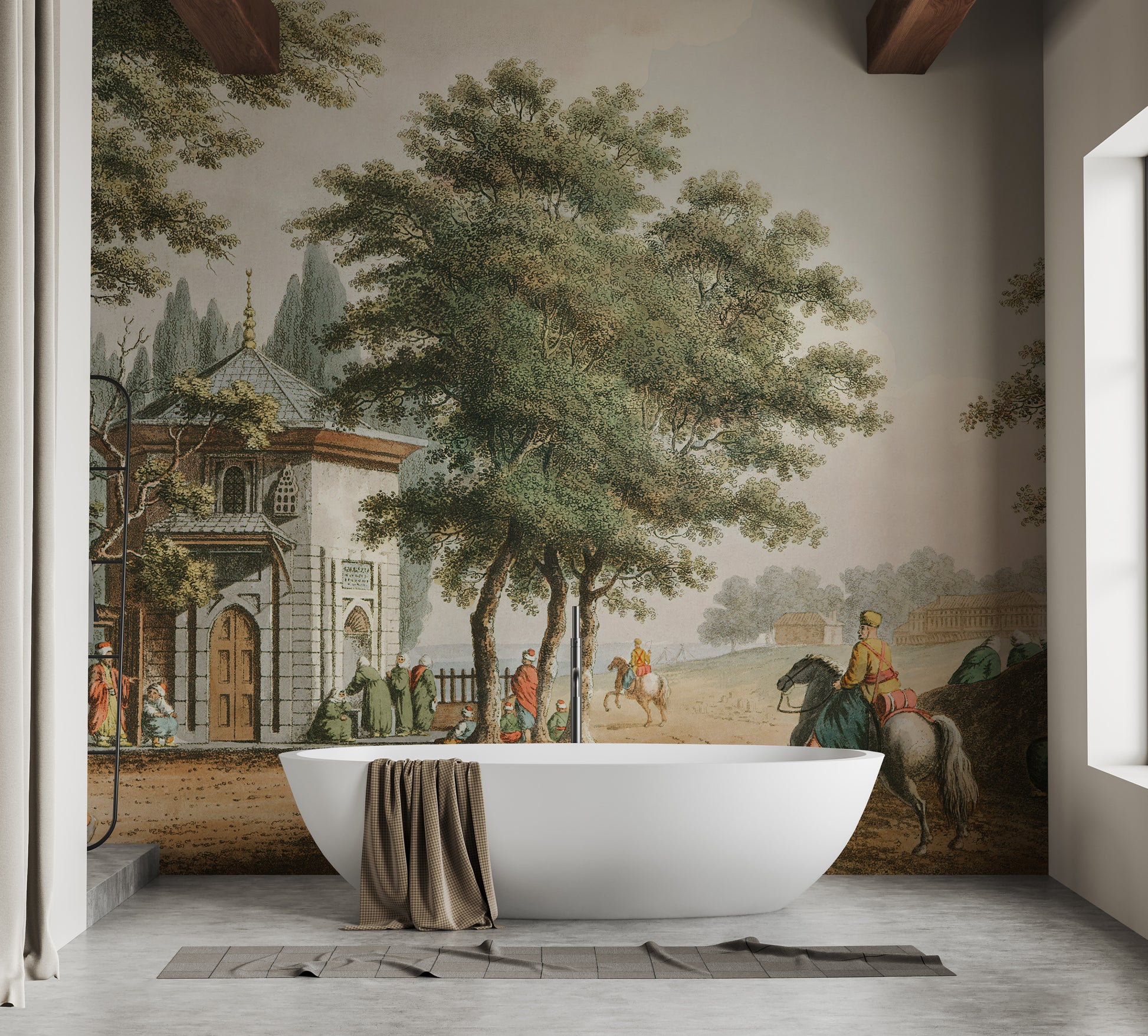 Vintage styled mural of rural village life
