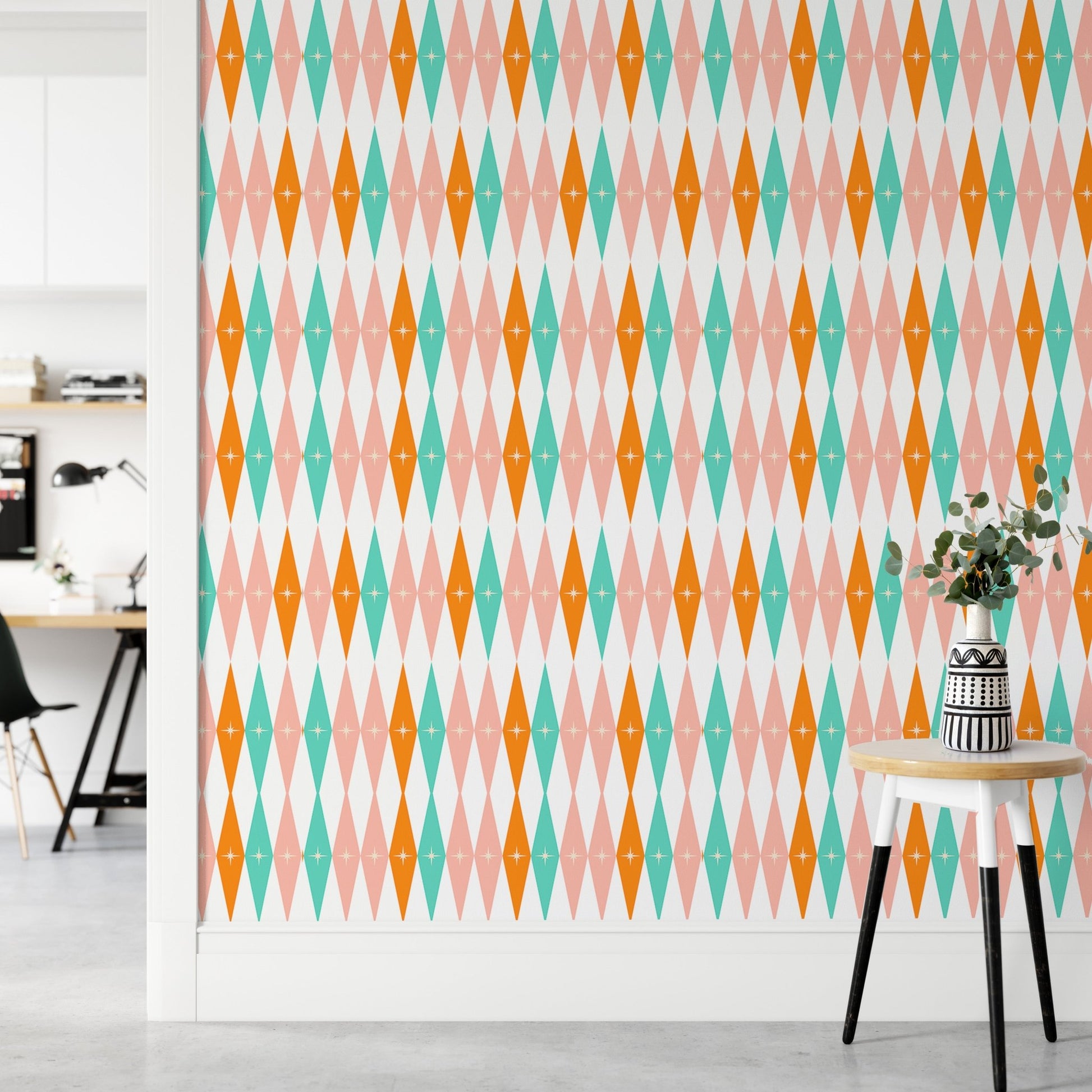 Minimalist hallway showing teal and peach 50s Mid Century Modern Design Bundle Retro Wall mural.