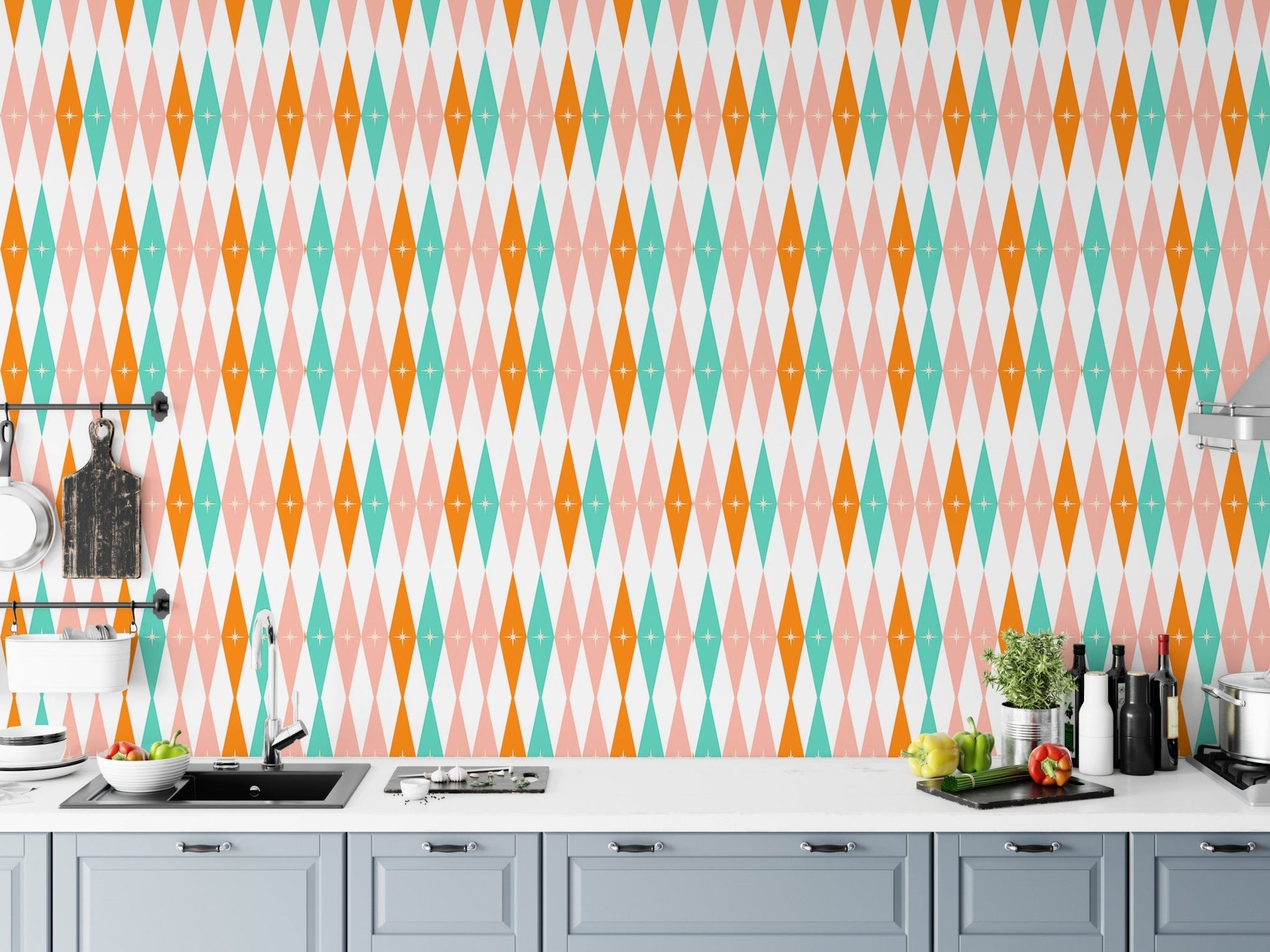 Kitchen backsplash area featuring colorful geometric bundle wall mural and grey cabinets.