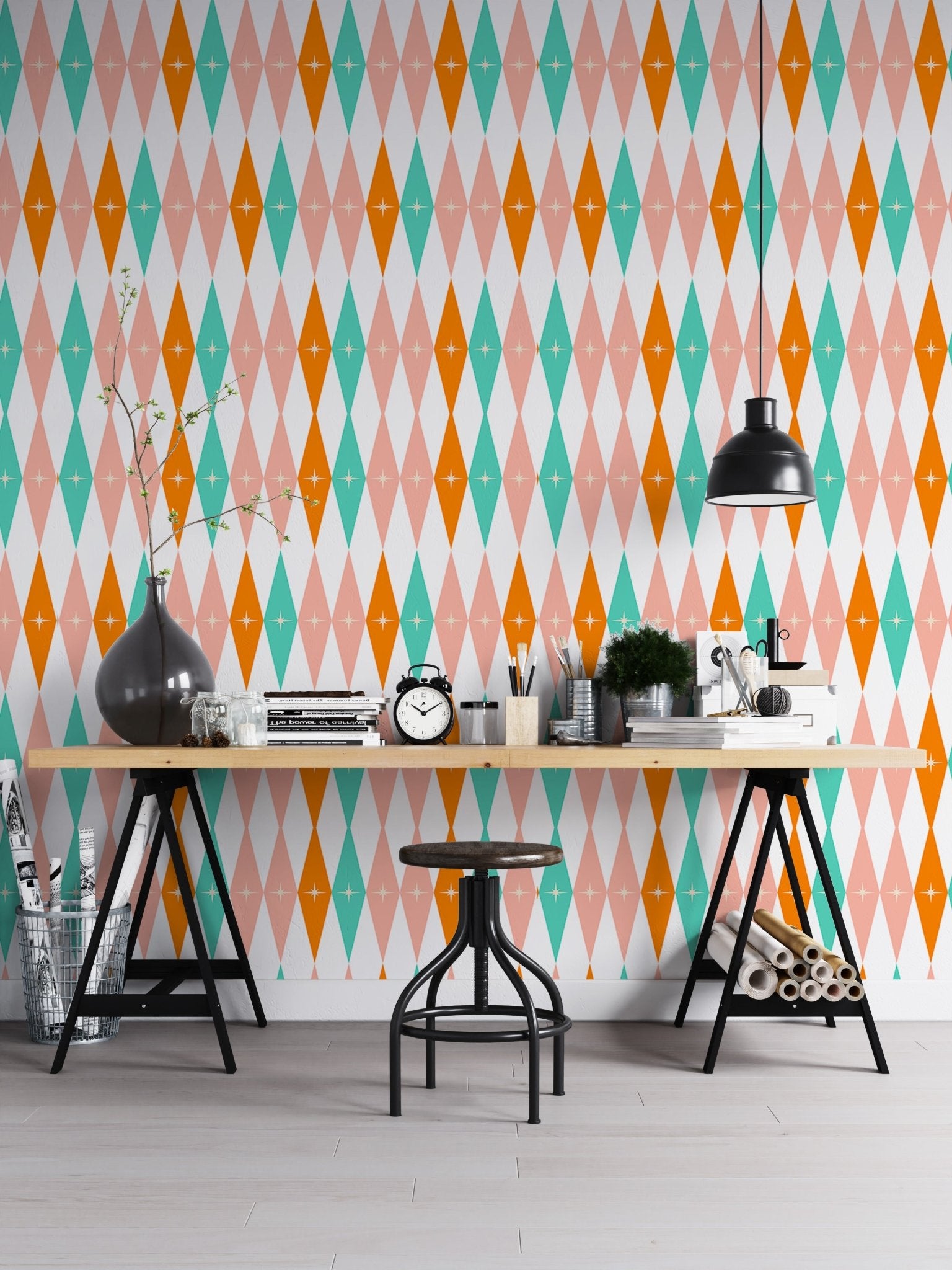 Home office desk with black lamp and retro 50s Mid Century Modern Design Bundle Retro Wall mural.