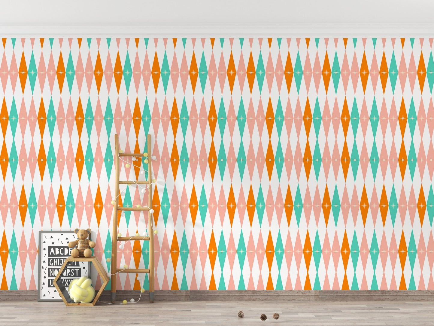 Kids play area with wooden ladder against a teal and orange geometric retro wall mural.