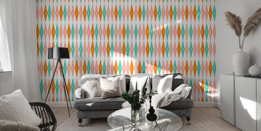 Modern living room with grey sofa and large retro diamond pattern wall mural.