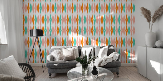 Modern living room with grey sofa and large retro diamond pattern wall mural.
