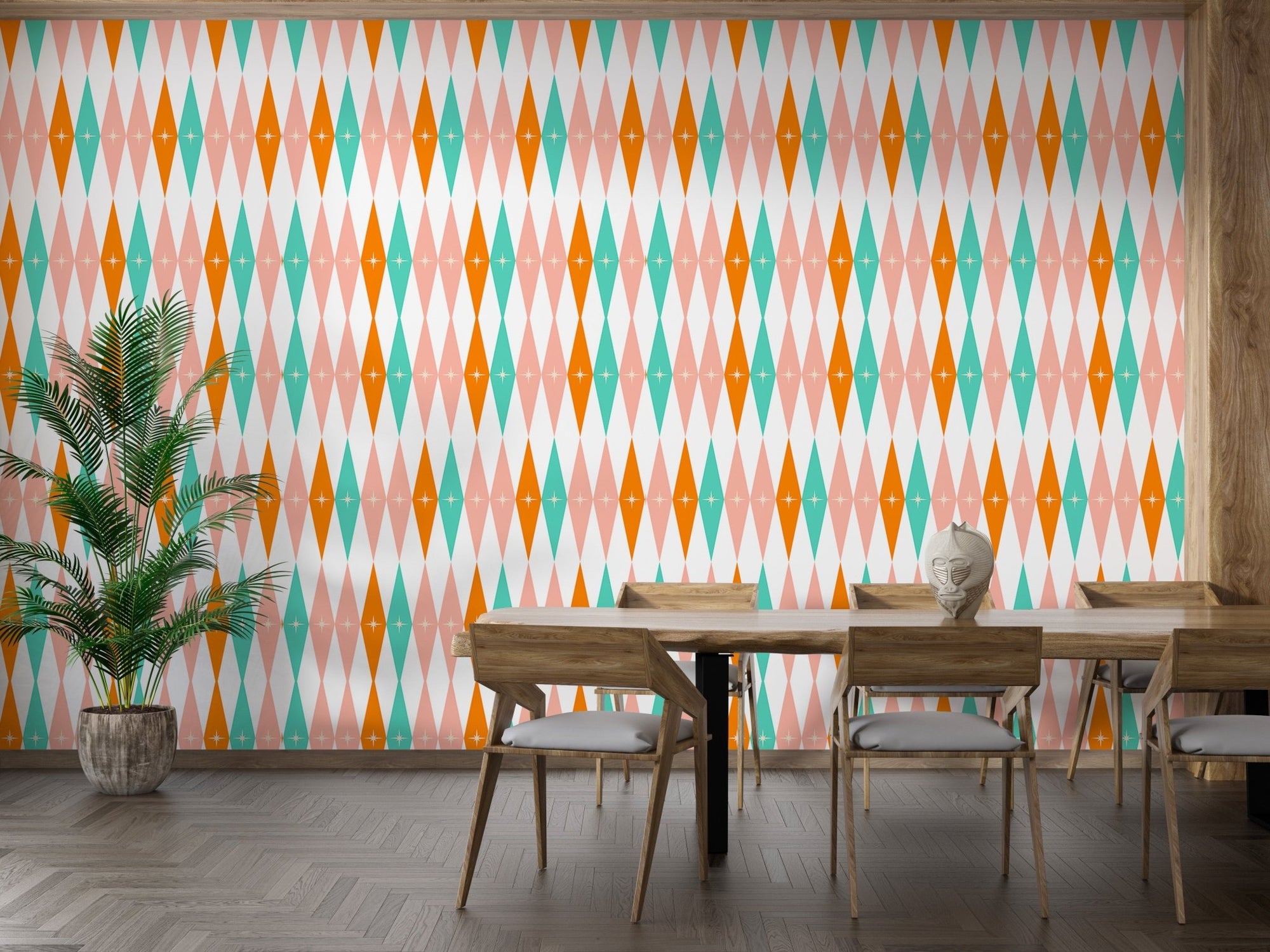 Dining room with 50s Mid Century Modern Design Bundle Retro Wall mural and wooden table.