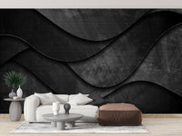 Sleek Black 3D Wave Wallpaper Mural
