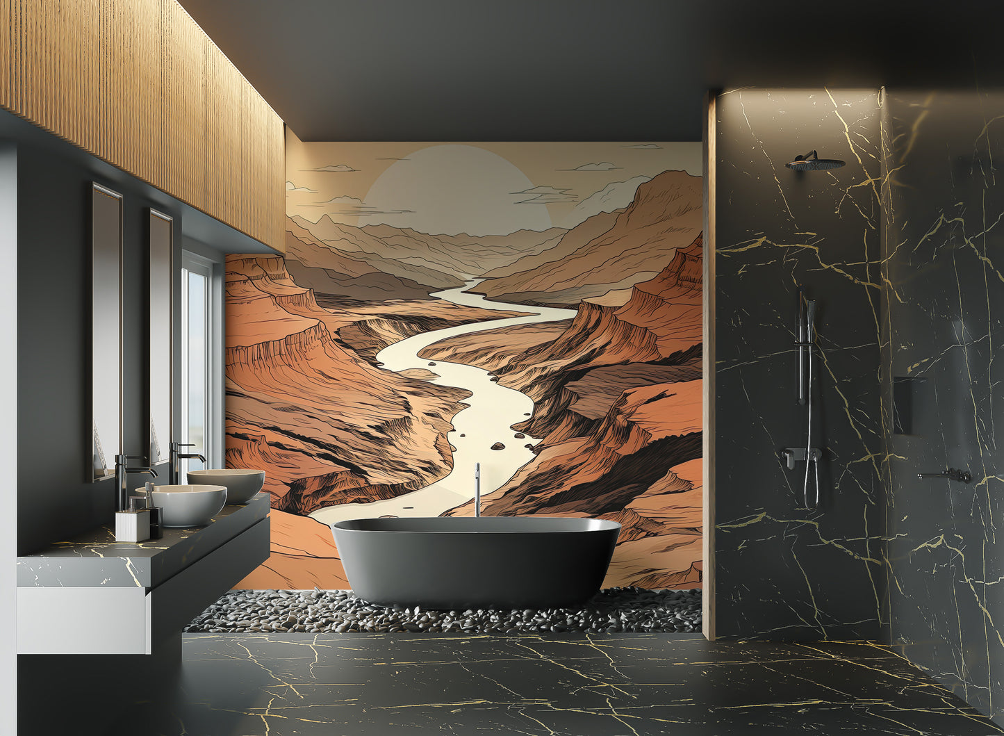Winding river through canyon in a vast landscape