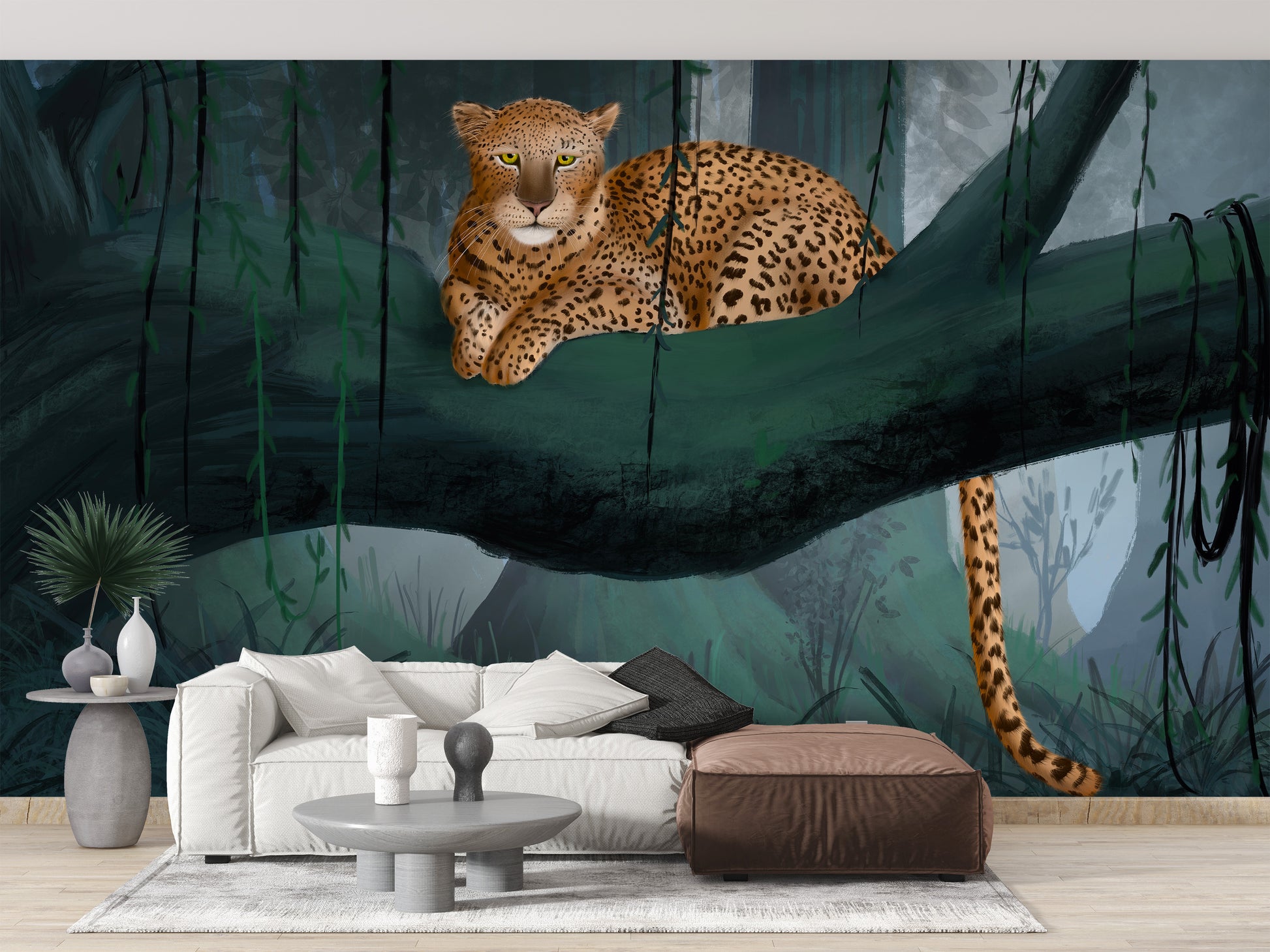 Leopard repose mural for exotic interiors
