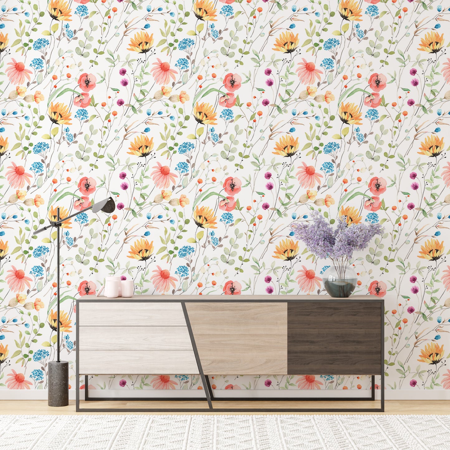Colorful Flowers Abstract Green Plants White Wallpaper