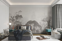 Misty forest mural with a rustic grunge aesthetic