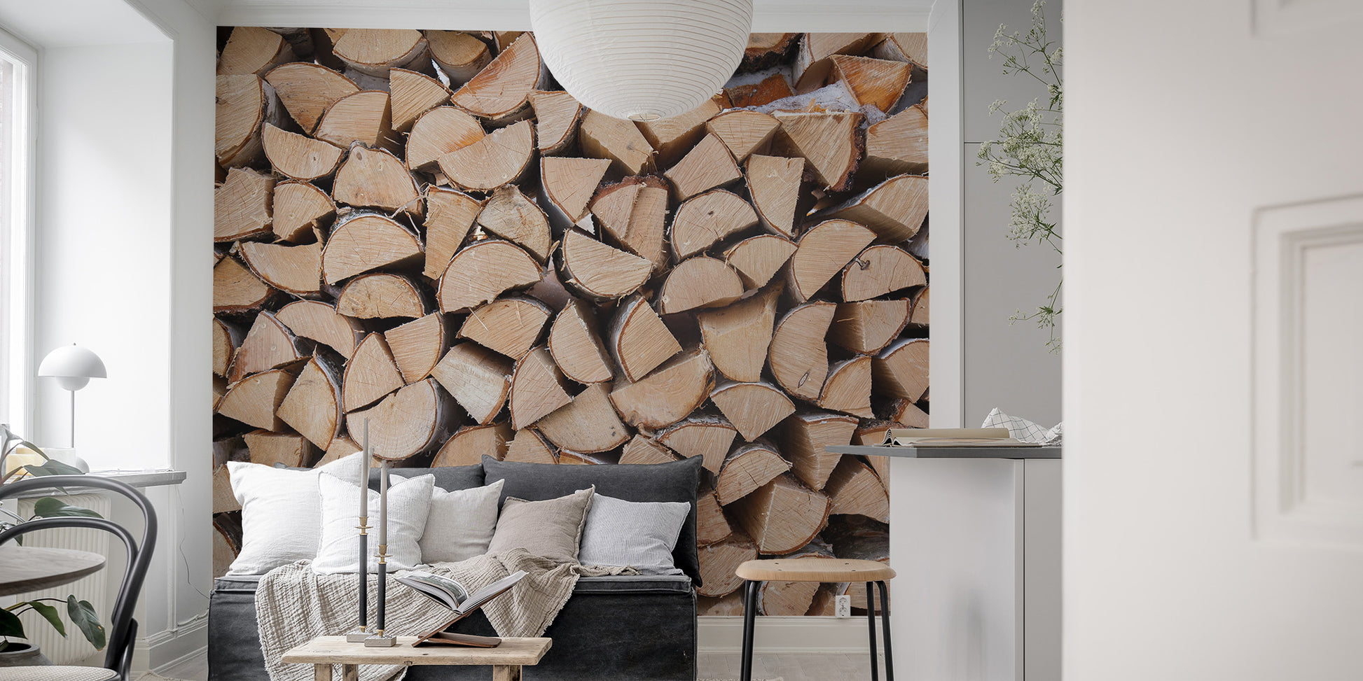 Shortage-inspired stacked wood wallpaper design
