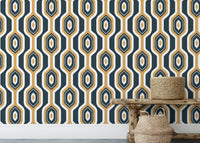Yellow Deco wallpaper with geometric patterns.
