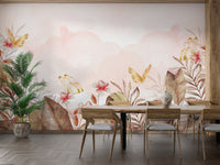 Gold butterfly watercolor floral wallpaper design
