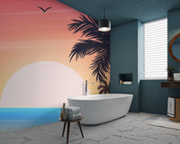 Serene ocean horizon mural with golden sunset

