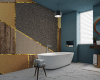 Elegant wood and marble wallpaper with gold details
