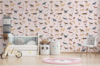 Playful dog-themed wallpaper in pale pink for stylish decor