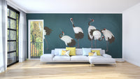 Elegant serene crane dance wallpaper mural.
