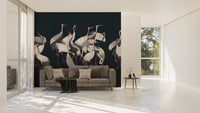 Peaceful white cranes gathering wallpaper mural.
