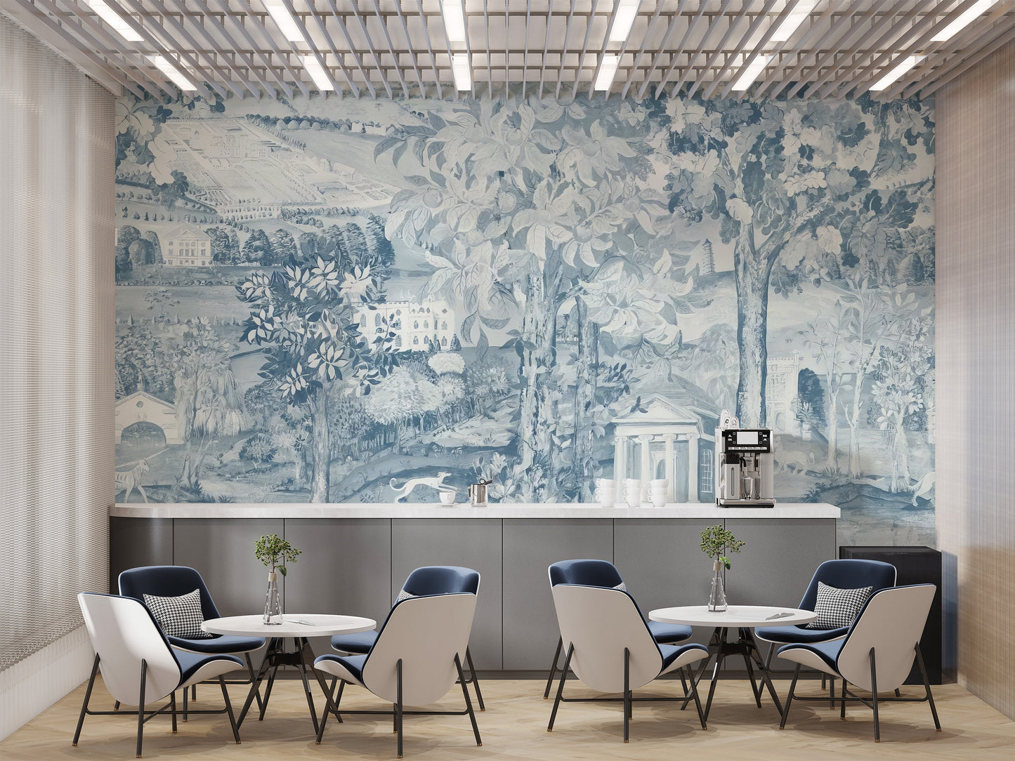 Classic blue Zoffany scene wallpaper for serene interiors
