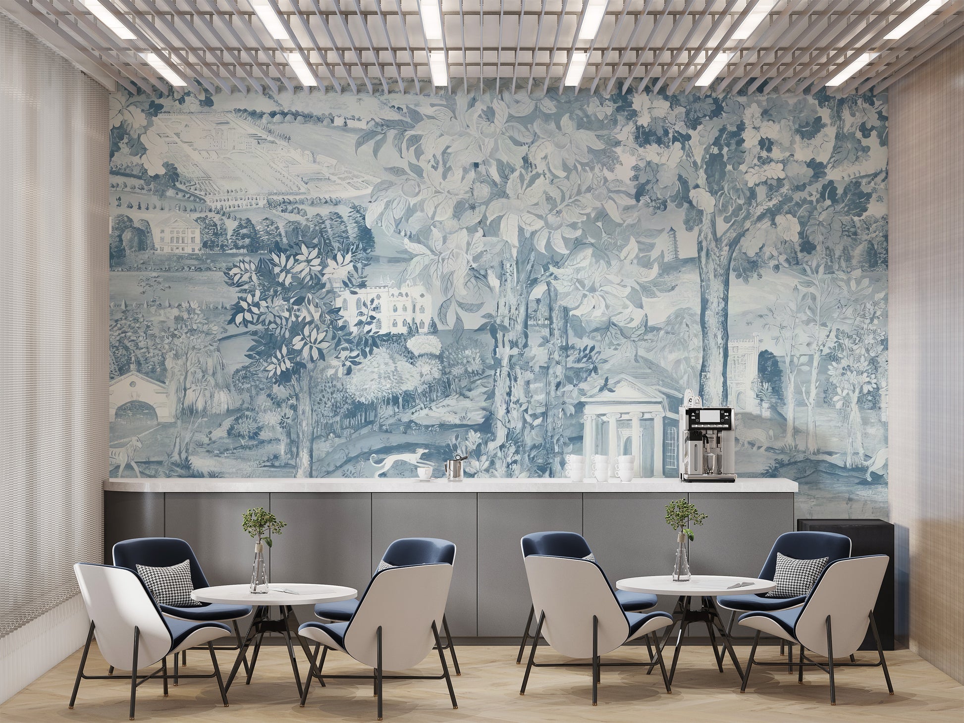 Classic blue Zoffany scene wallpaper for serene interiors
