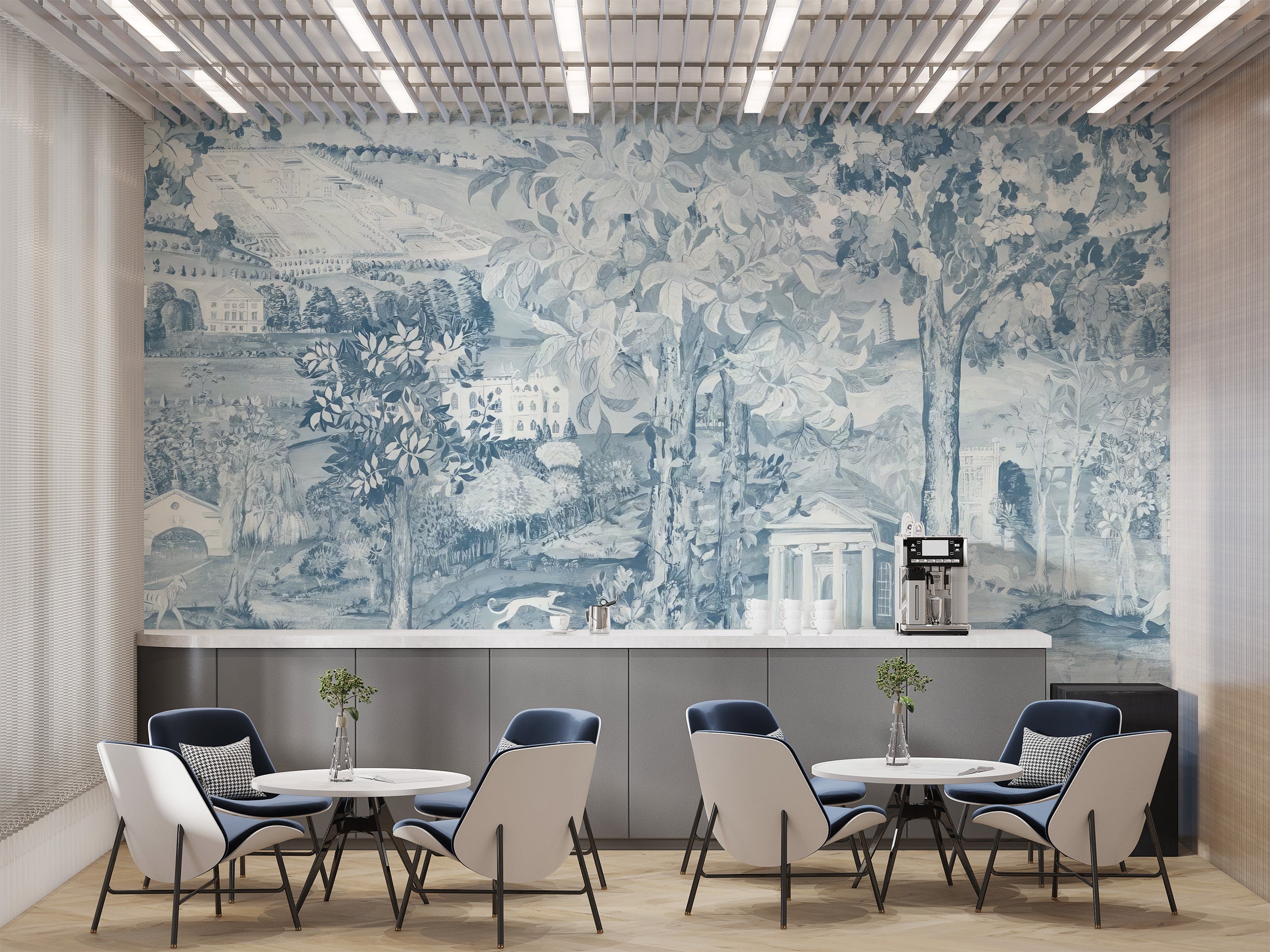 Classic blue Zoffany scene wallpaper for serene interiors
