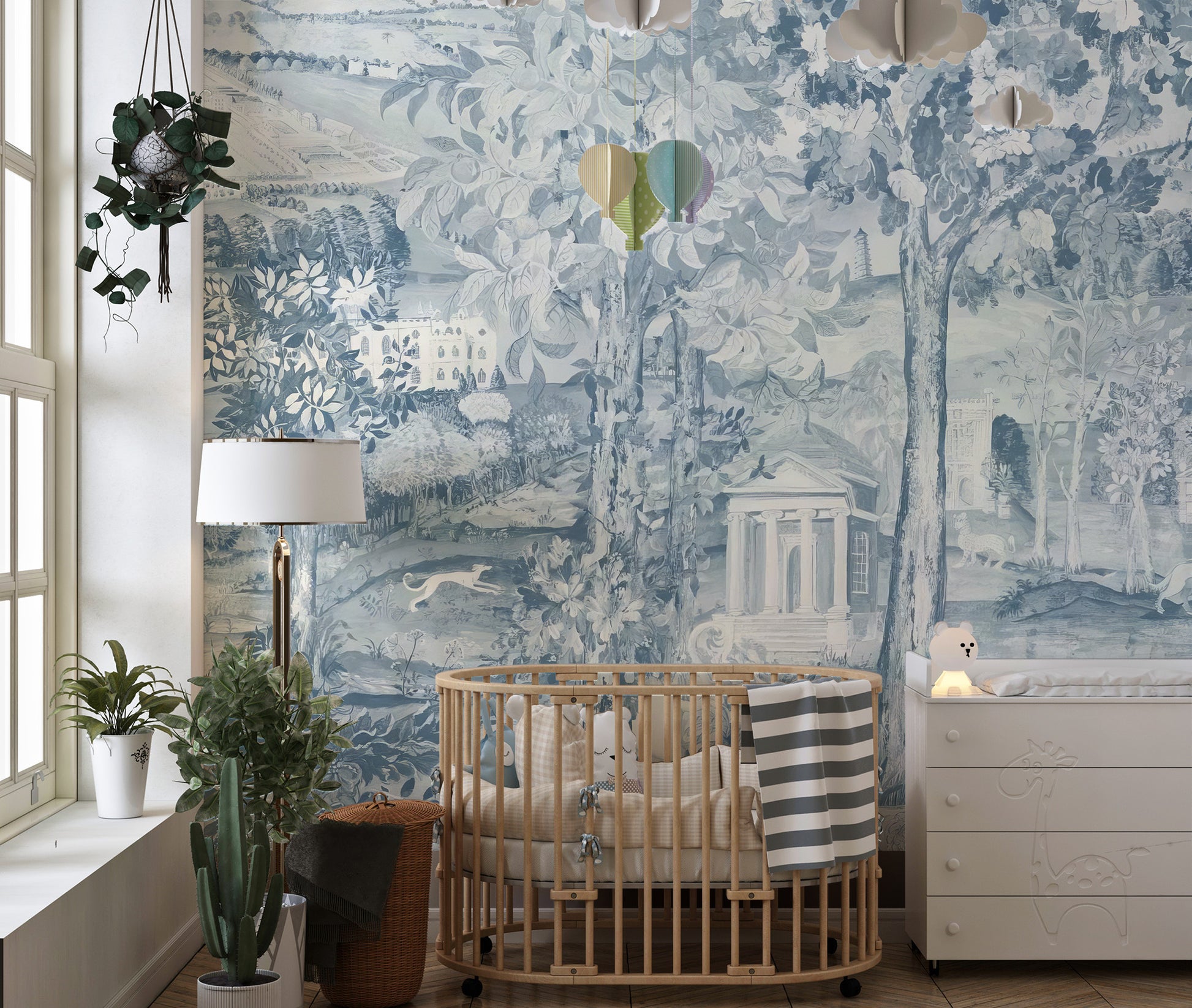 Timeless blue Zoffany scene mural for luxurious spaces
