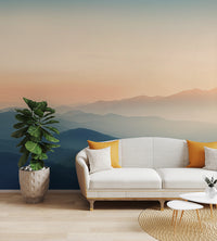 Hazy mountain range wall mural with misty effect
