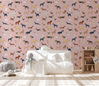 Fun and vibrant pink wallpaper with dog illustrations