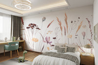 Whimsical wall mural with colorful wildflower accents