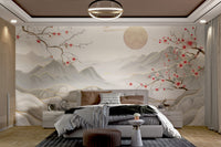 Elegant Asian-inspired wallpaper with misty mountains
