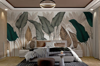 Botanical wall mural featuring modern leaf patterns
