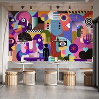 Bold abstract faces wall mural for spaces

