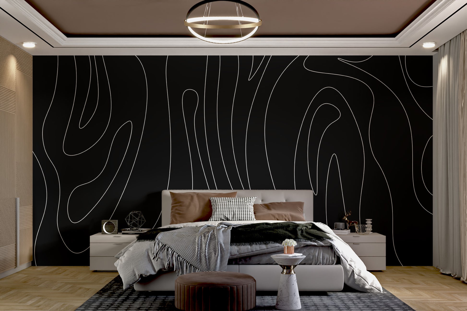 Modern black contour line wallpaper for stylish interiors
