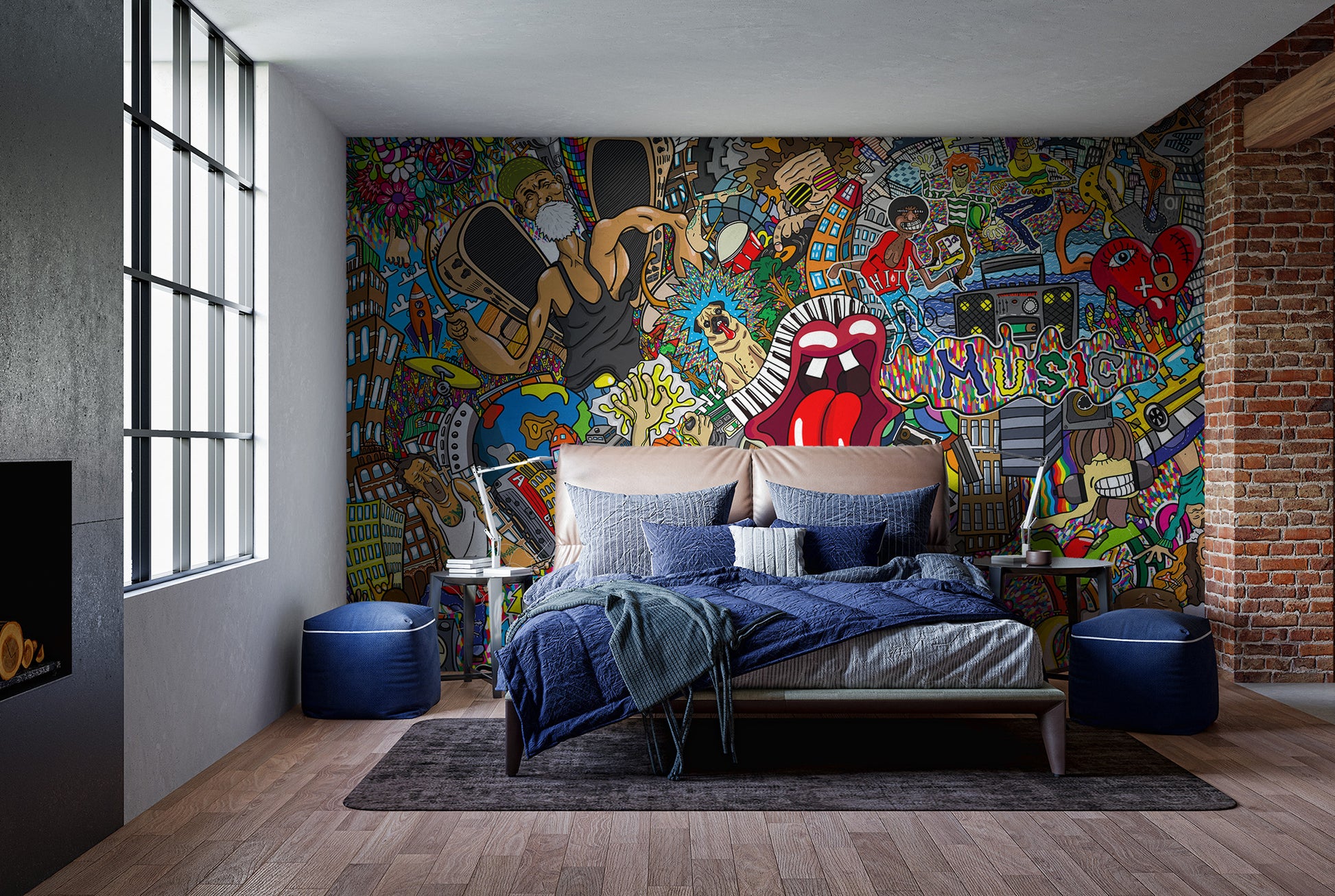 Urban cityscape mural featuring music designs
