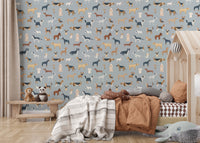 Dog breed pattern on blue wallpaper for stylish decor
