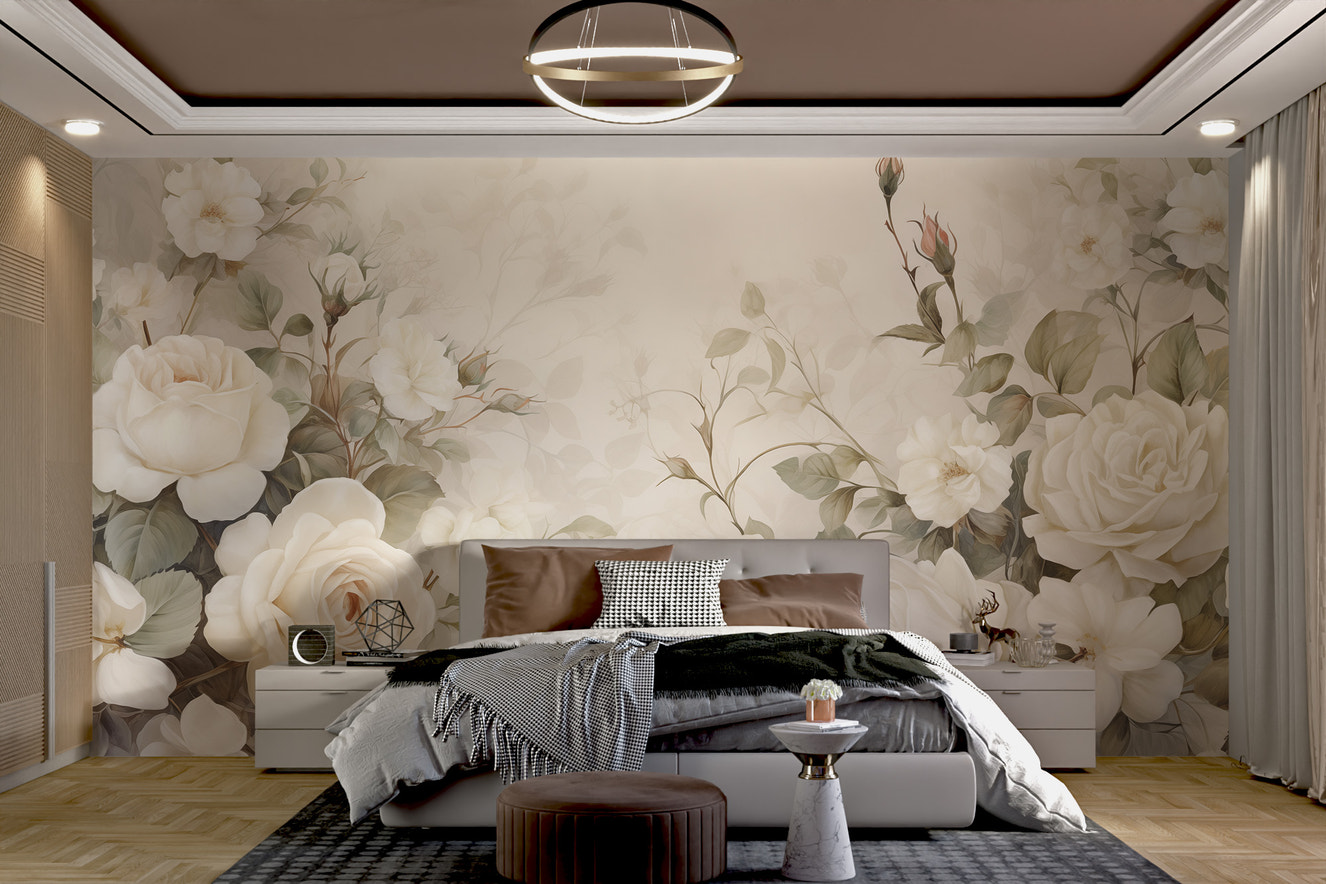 Elegant white rose floral wallpaper with soft details