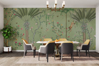 Artistic green tropical chinoiserie mural for modern decor
