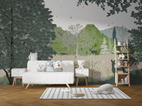 Playful jungle wallpaper with green tones for kids' rooms
