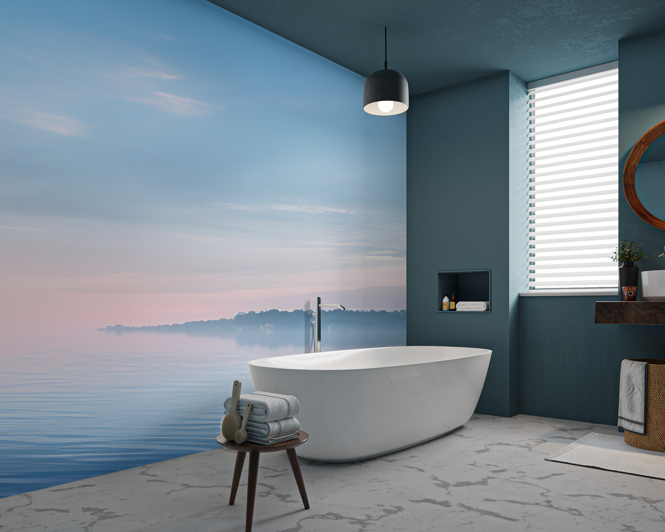 Serene bay calm water wallpaper with soft blue hues