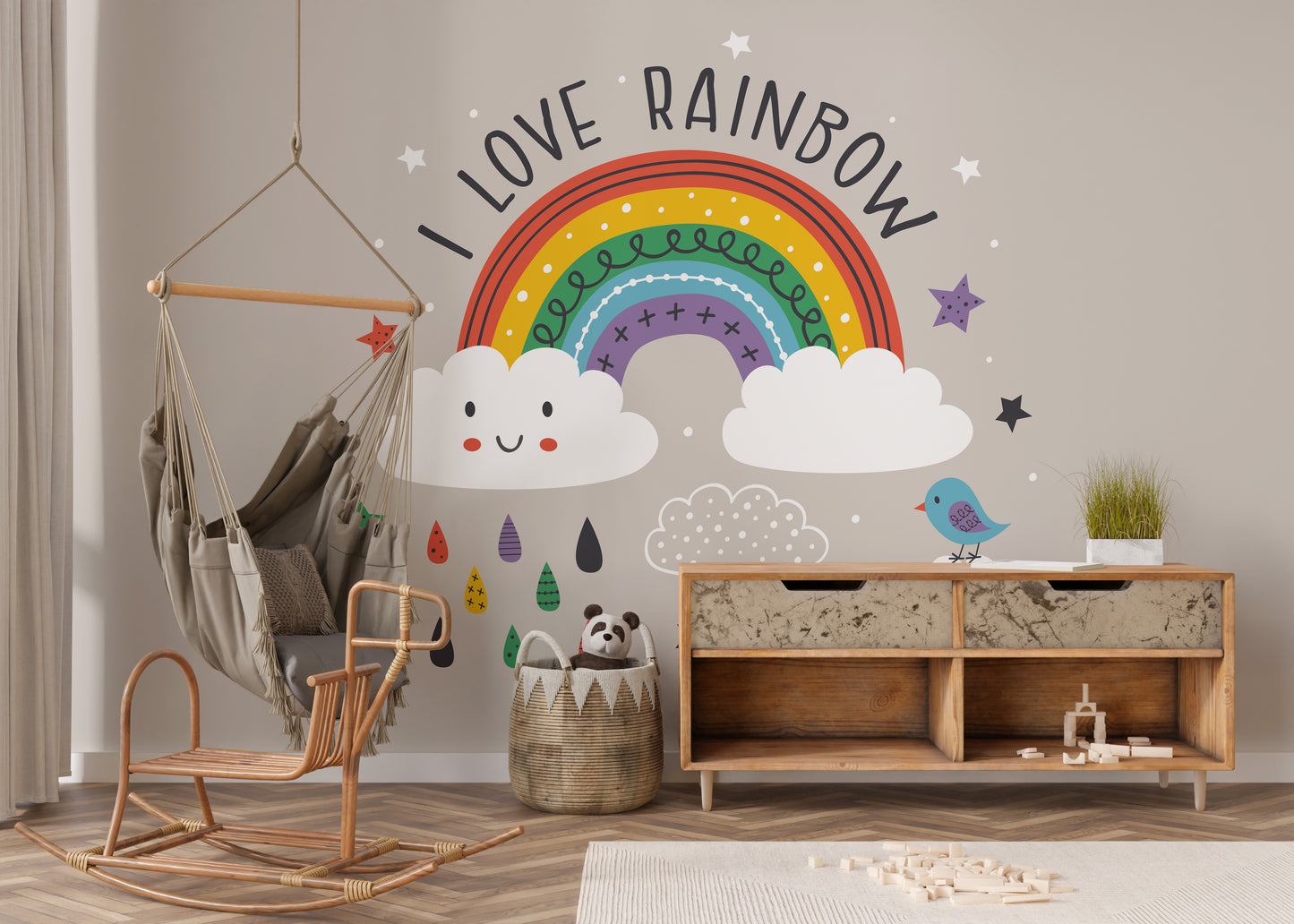 Kids mural featuring rainbow landscape
