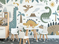 Colorful dinosaur mural for playful spaces
