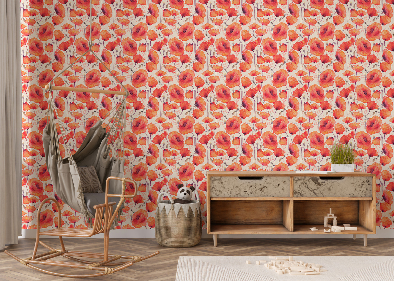 Watercolor Wild Red Poppies Vintage Wallpaper