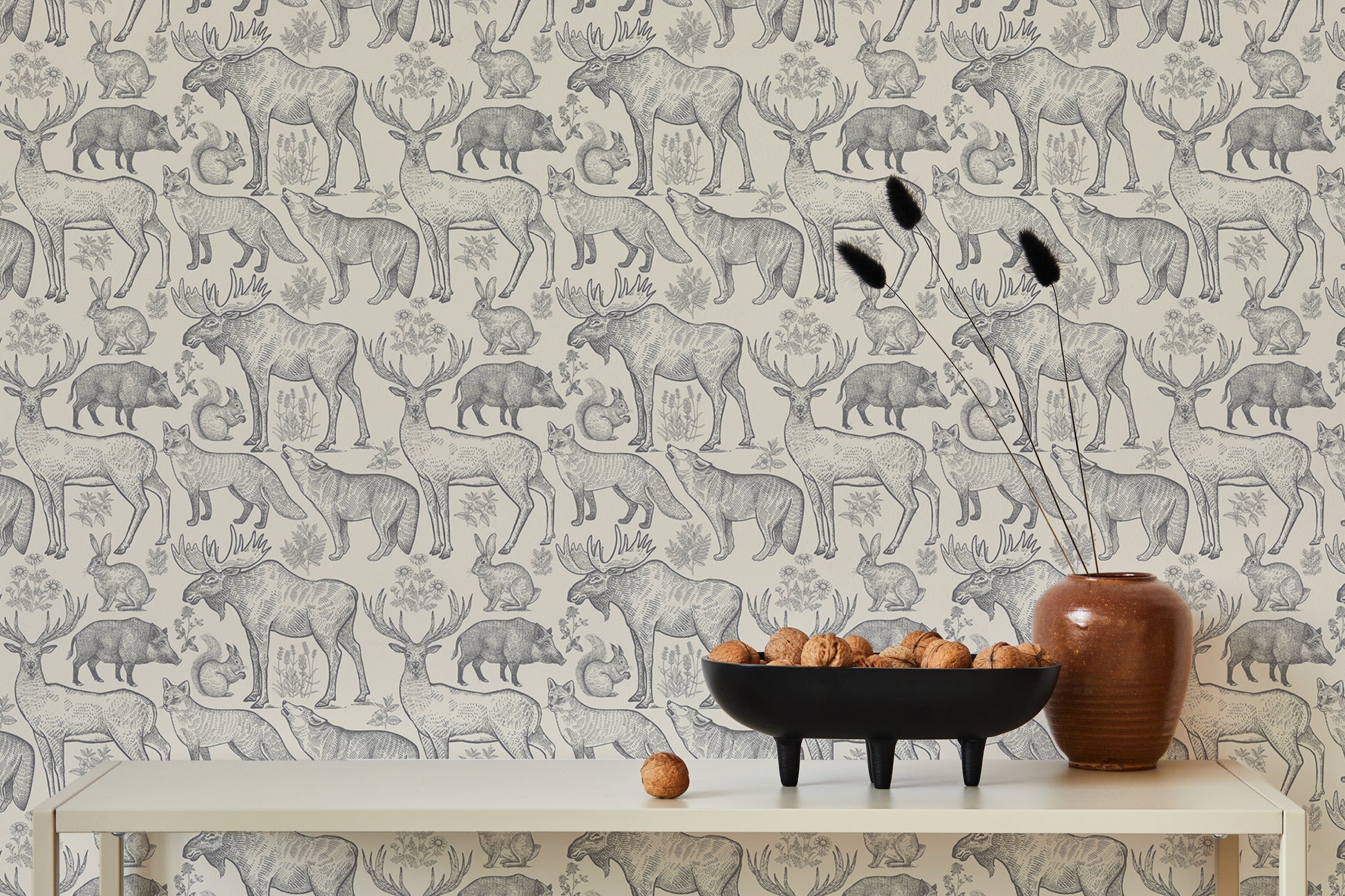Stylish removable wallpaper with animals and botanical elements