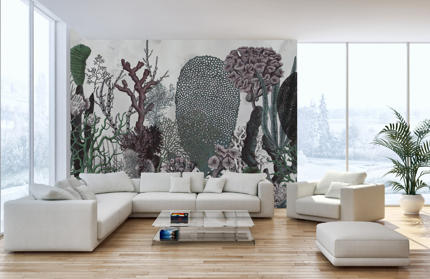 Green leaves and vintage floral wall art

