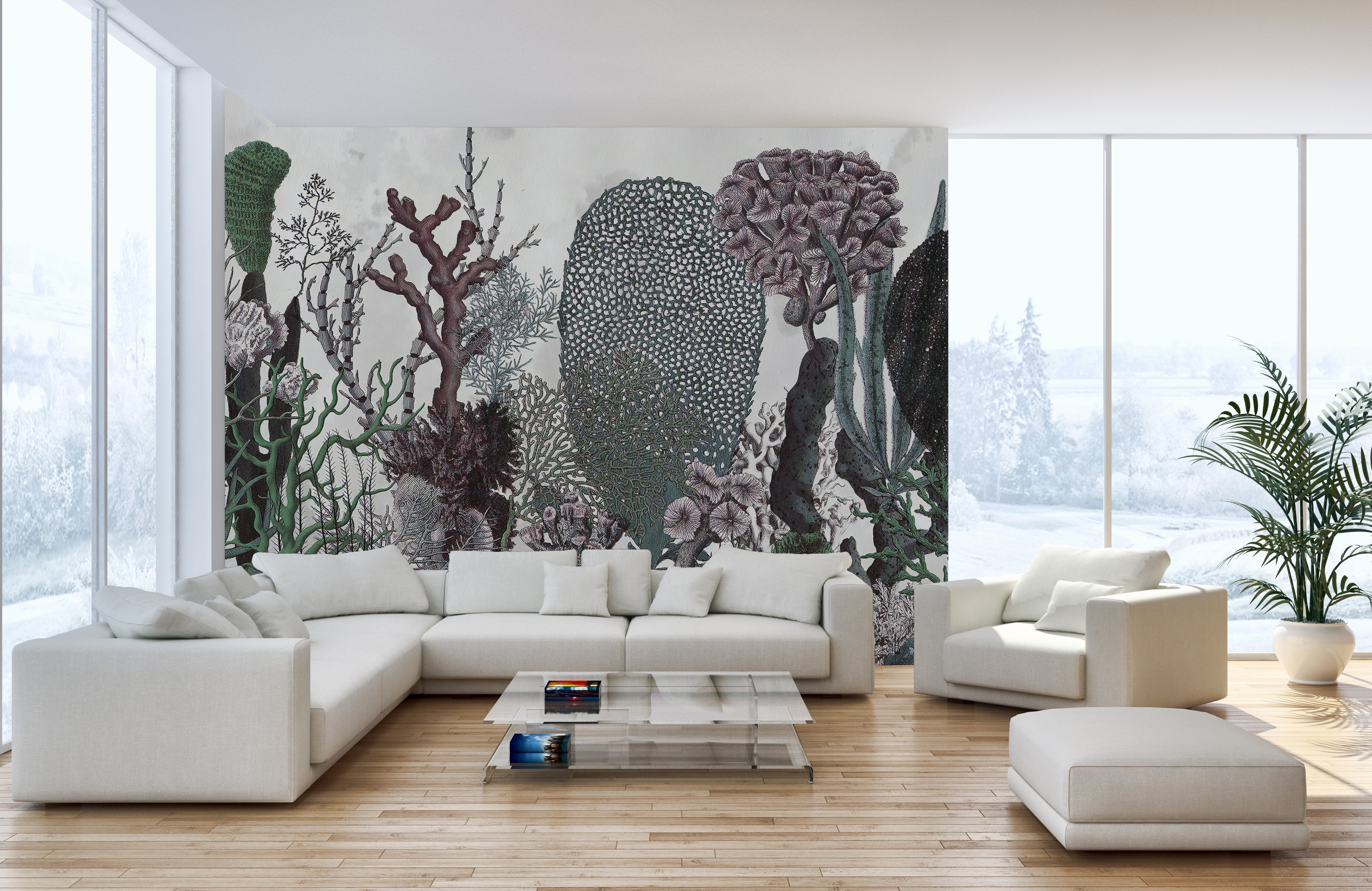 Green leaves and vintage floral wall art
