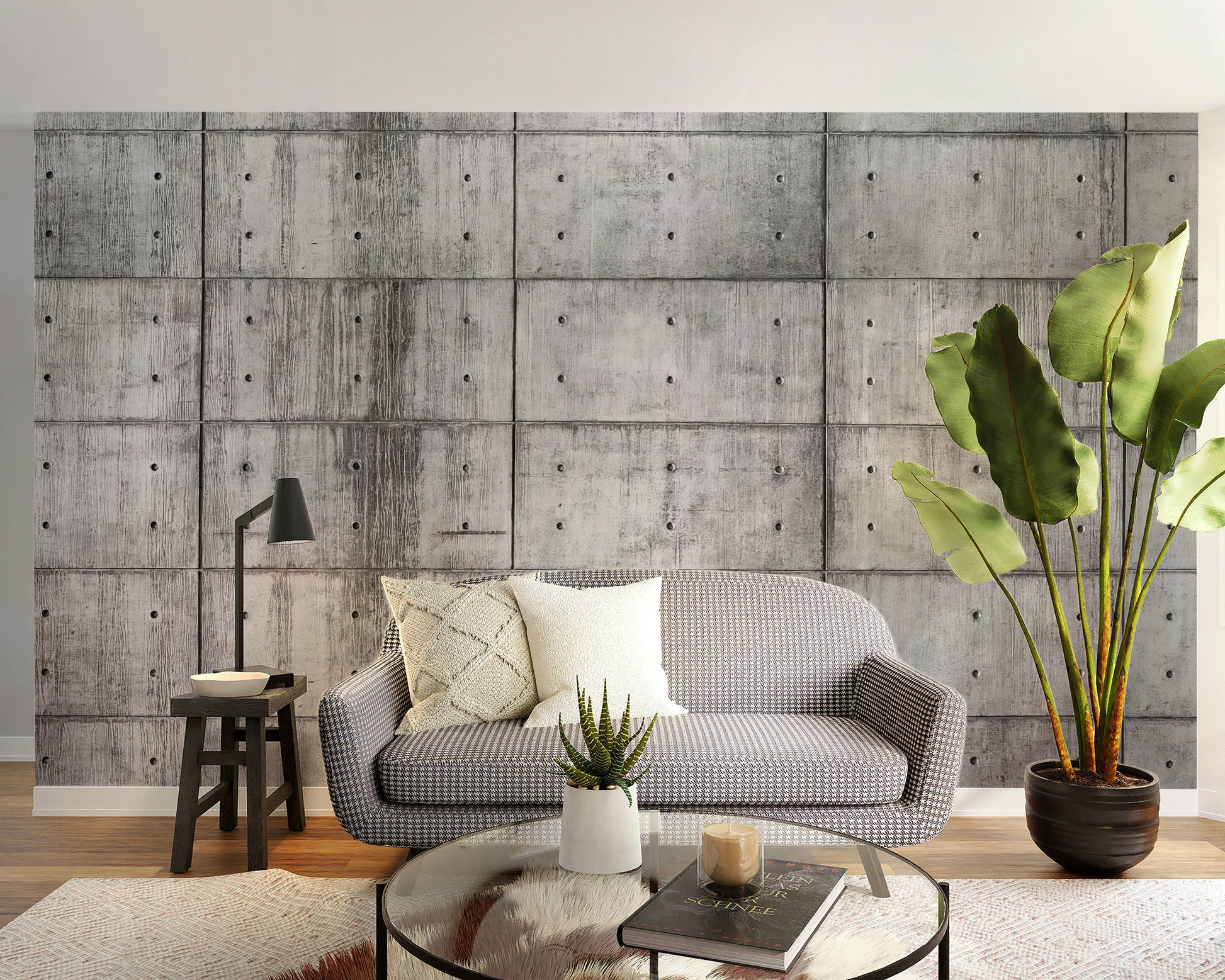 Concrete block mural with an industrial raw texture effect
