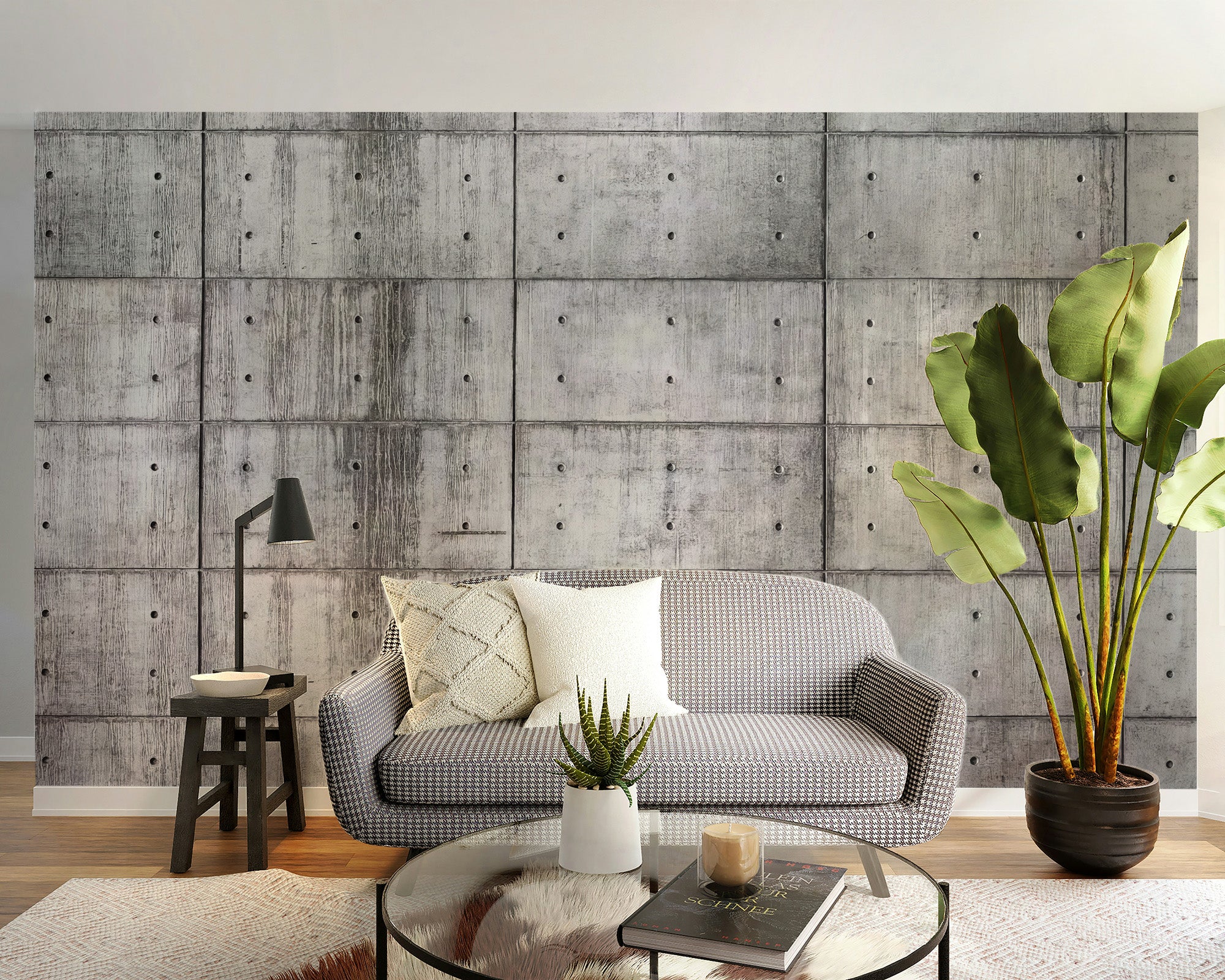 Concrete block mural with an industrial raw texture effect
